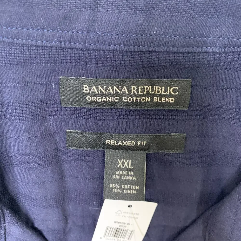 Banana Republic Shirt Mens XXL Relaxed Fit Navy Blue Organic Cotton Linen Blend